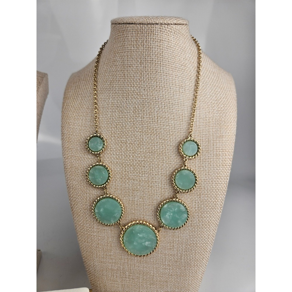 Monet 5 Pc Mint Green Cabochon Gold Tone Set Necklaces Bracelet Earrings WOW! - Picture 2 of 13